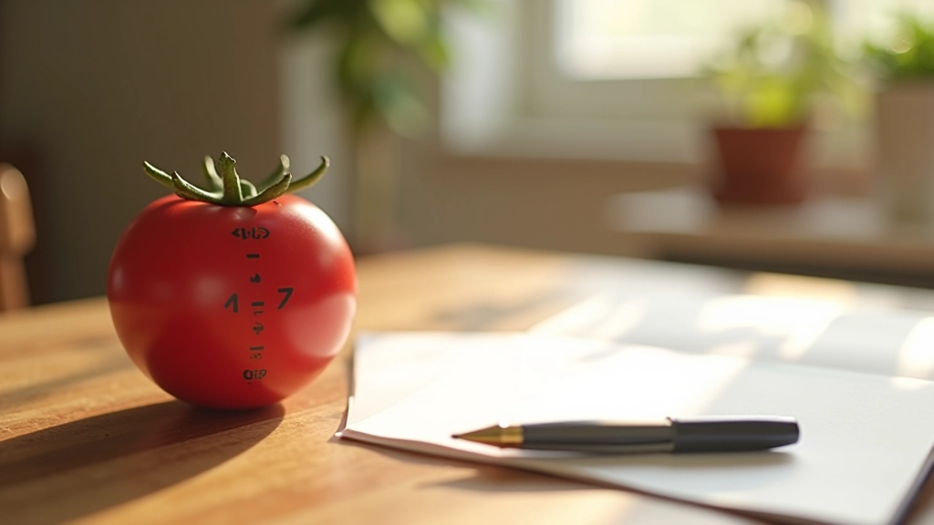 Minuteur Pomodoro classique sur un bureau avec bloc-notes et stylo, lumière naturelle
