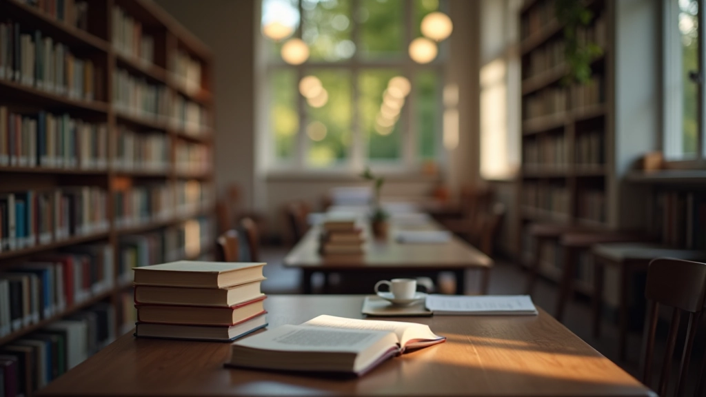 Bibliothèque tranquille avec piles de livres et un espace d'étude aménagé