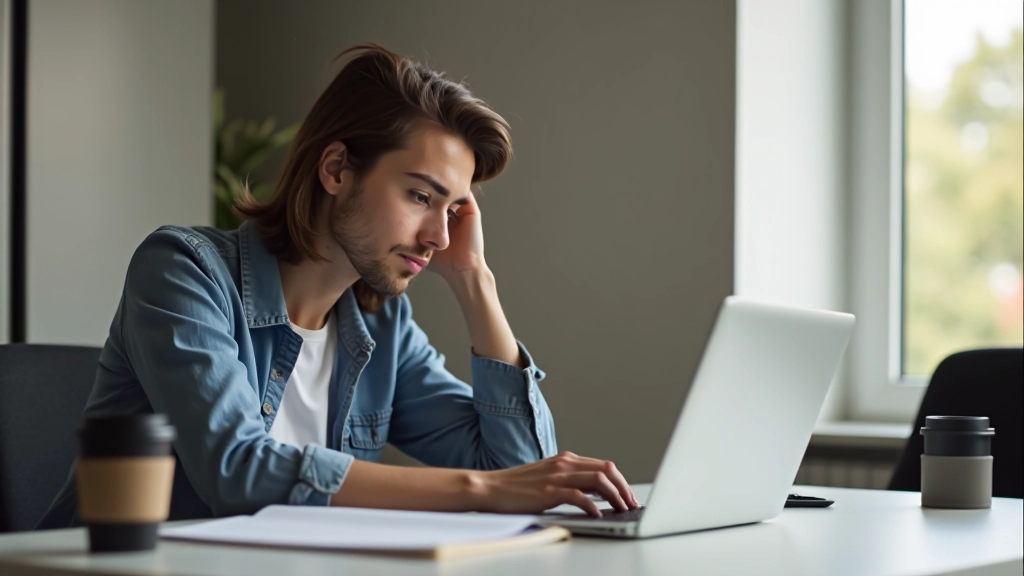 Personne travaillant à son ordinateur avec une tasse de café, environnement calme et organisé